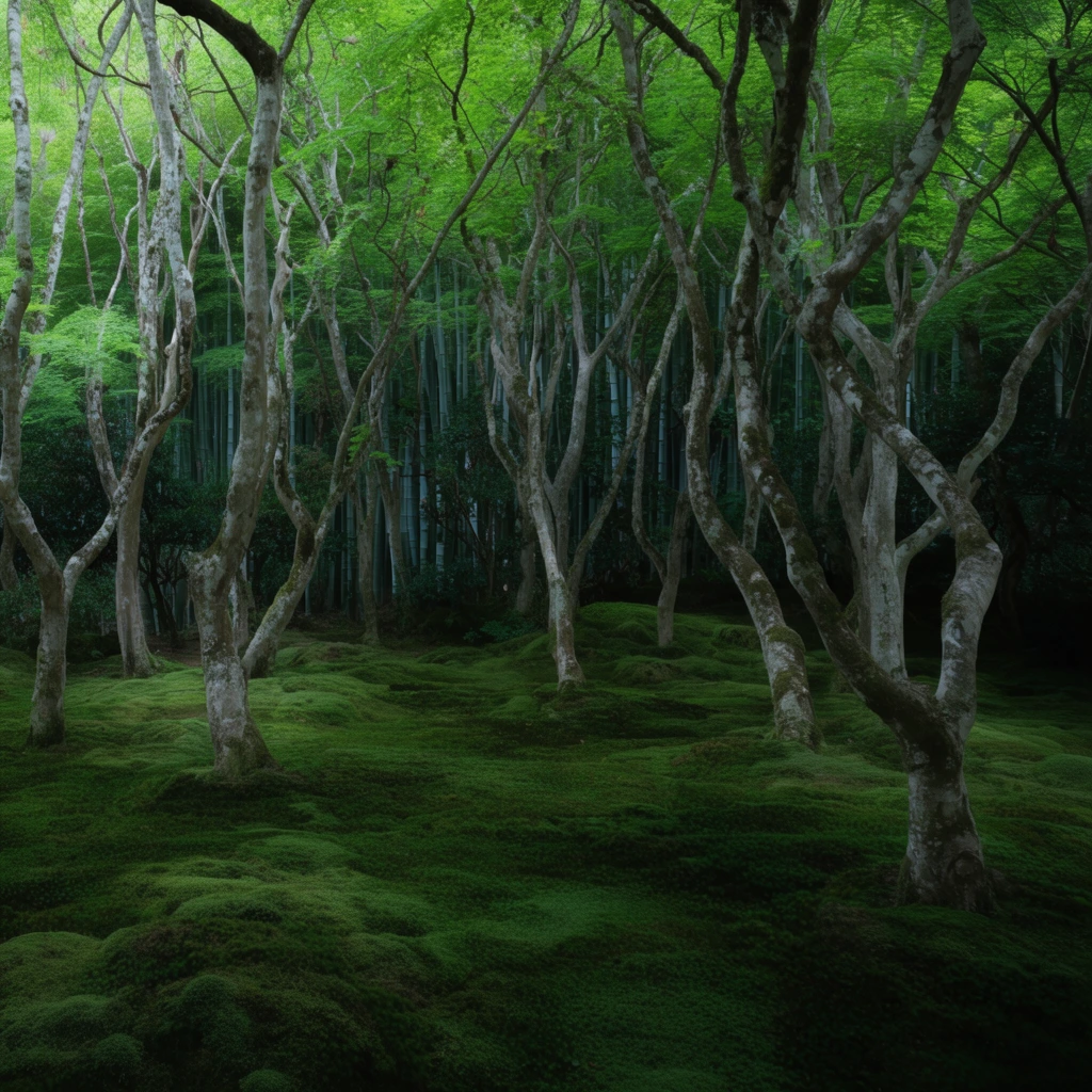 undulating velvety green moss forest floor, slender pale-barked trees with twisting trunks, vibrant green canopy, distant bamboo grove, soft diffused natural light, deep emerald shadows, serene landscape photography
