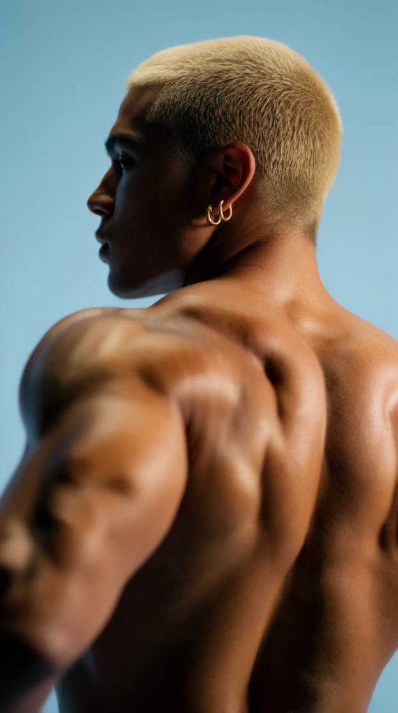 shirtless muscular figure from behind, blonde buzz cut, head turned left in profile, gold hoop earrings, blurred left arm reaching towards camera, defined back muscles, warm skin tones, solid light blue background, shallow depth of field, dramatic studio lighting