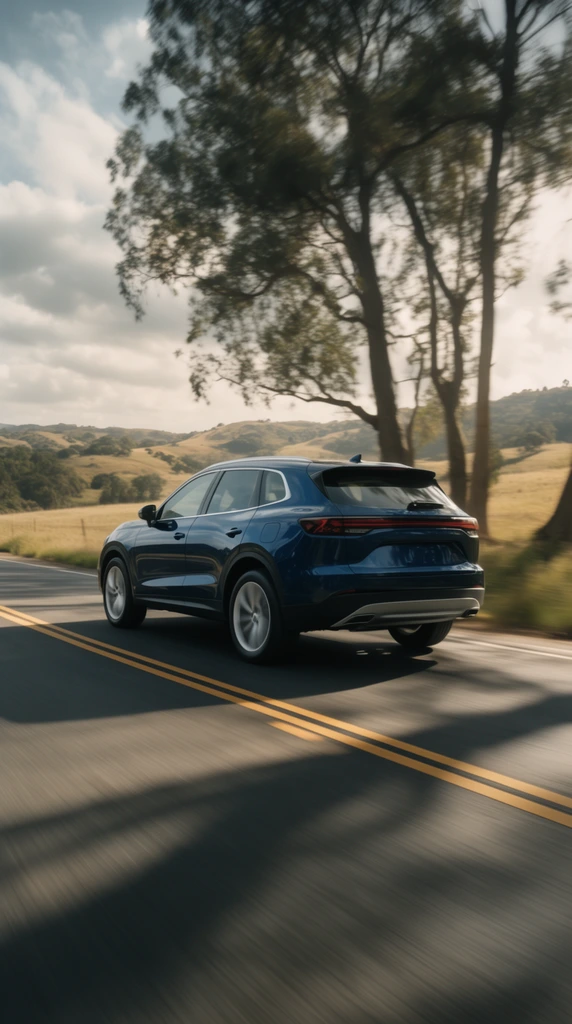 dark blue mid-size SUV driving away on a rural highway, dynamic motion blur on the asphalt and spinning silver wheels, rear three-quarter perspective, low angle tracking shot, two-lane road with double yellow lines, tall roadside trees casting long dark shadows across the pavement, rolling golden grassy hills in the distance, soft daylight filtering through a cloudy sky, cinematic automotive photography, highly detailed