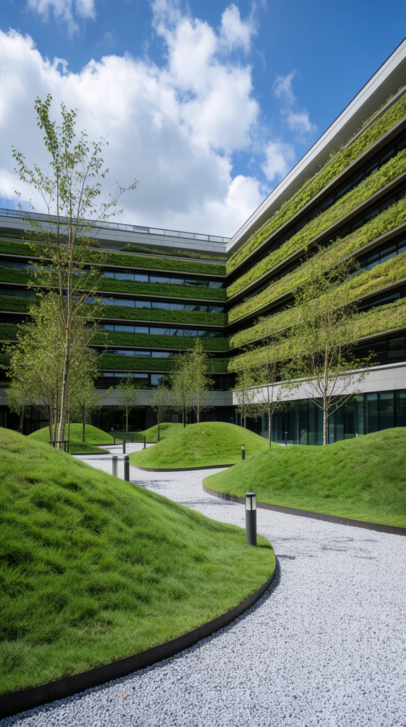modern sustainable building with tiered horizontal green walls, landscaped courtyard, undulating grass mounds with dark edging, meandering light grey gravel pathways, slender young trees, cylindrical ground lights, bright blue sky, fluffy clouds, architectural photography, bright daylight