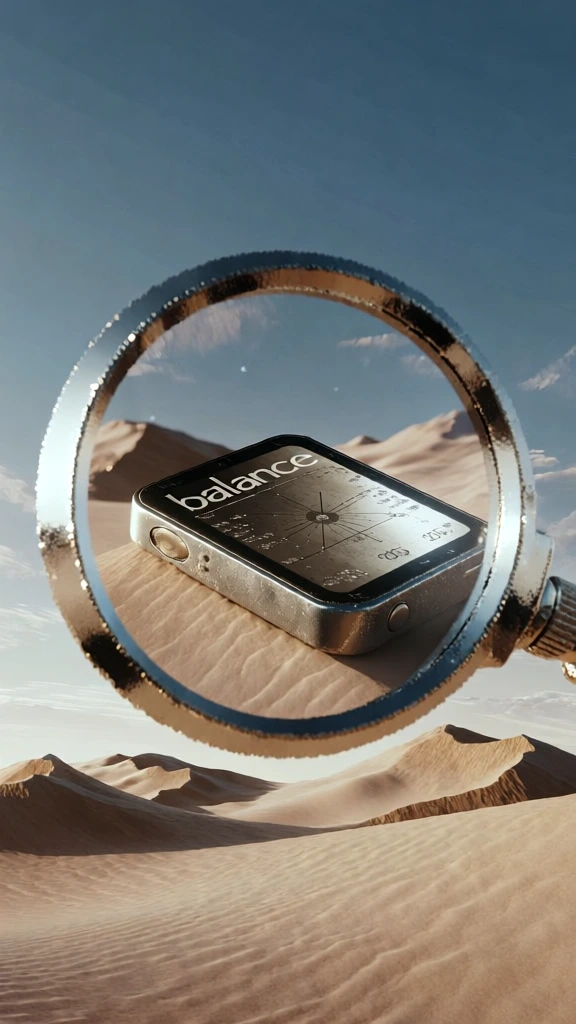 close-up through a heavy glass magnifying lens with a polished chrome bezel, revealing a sleek minimalist electronic device with a monochrome display showing the word "balance" in clean sans-serif type alongside a precise scale and numbers, set against undulating sand dunes in muted champagne tones under a vast pale cerulean sky, hyper-realistic cgi render, bright diffused daylight, surgical precision, metallic micro-etchings, premium tech-mysticism aesthetic.