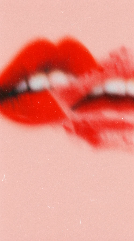 abstract surreal artwork, pale salmon pink background, heavily blurred and distorted bright red lips floating in the upper section, overlapping smeared mouths with slightly parted white teeth, hazy crimson brushstrokes, soft airbrushed texture, dreamy out-of-focus effect, prominent vintage film grain, scattered white dust specks, subtle surface scratches, retro analog aesthetic, high contrast between vibrant red and muted pastel pink