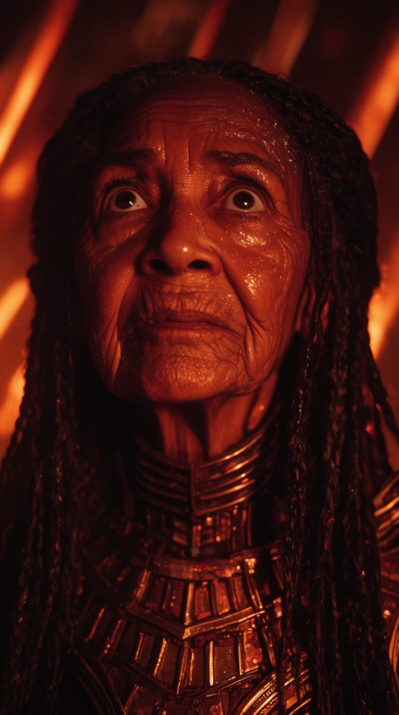 extreme close-up of an elderly woman face, intense wide-eyed upward stare, deep wrinkles, wet glistening skin, long dark braided hair, intricate bronze metallic segmented armor, fiery amber and deep crimson ambient lighting, harsh high-contrast directional glow, deep dramatic shadows, blurred background with glowing orange streaks, cinematic photography, shallow depth of field, chiaroscuro lighting, highly detailed texture