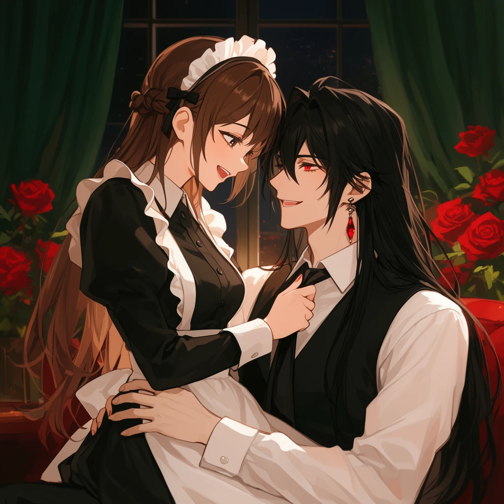 A romantic anime illustration of a brown-haired woman in a black-and-white maid outfit sitting on the lap of a man with long black hair and red eyes. She playfully tugs his tie while his hands rest gently on her waist, both sharing an intimate, smiling gaze. He wears a white dress shirt, a black vest, and a dangling red teardrop earring. Soft, warm indoor lighting illuminates their expressive faces and flowing hair against a background featuring a dark nighttime window, deep green curtains, and blooming red roses.