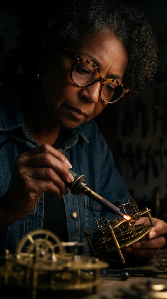 A cinematic close-up of a middle-aged Black woman with curly hair and thick tortoiseshell glasses meticulously soldering a brass clockwork mechanism. Wearing a heavy denim overshirt, her face is cast in dramatic chiaroscuro lighting from a low angle, emphasizing her intense concentration. Her hands hold a glowing soldering iron delicately touching intricate metal gears. The foreground features out-of-focus clockwork, while the deep shadowed background faintly reveals hanging tools in a dimly lit workshop. Shot with a shallow depth of field, the warm metallic reflections create a moody craftsman portrait.