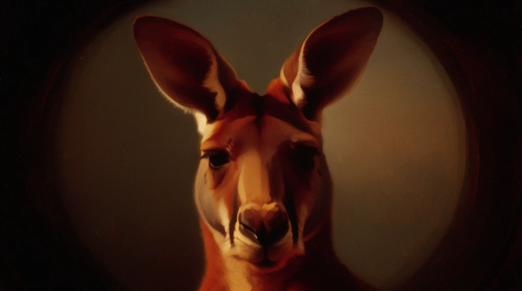 A classical oil painting of a single kangaroo face with two prominent ears, rendered in an antique, realist style with dramatic chiaroscuro lighting. The kangaroo's features are constructed with smooth, blended brushstrokes in a warm color palette of deep reds, burnt siennas, and golden ochres. Intense, directional light from the upper left illuminates the contours of the snout and ears, casting profound, velvety brown shadows across the opposite side of the face. The central portrait is enveloped by a heavy, dark, circular vignette framing, creating an enclosed aperture effect with solid black corners. A murky, muted gradient of brownish-gray fills the softly illuminated space immediately behind the subject, emphasizing the rich, varnished canvas texture and historical fine art aesthetic of the composition.
