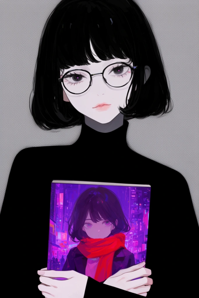 Anime-style illustration of a pale woman with a short black bob and glasses in a solid black turtleneck. She holds a square book showing a vibrant neon-lit portrait of a girl in a red scarf against a purple city. Halftone dotted gray background.