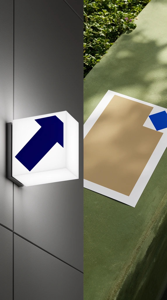 A diptych composition displaying clean, minimalist design mockups. The left panel features a glowing white cubic lightbox mounted to a matte gray paneled wall, its front face bearing a dark blue geometric graphic of an angled, blocky arrow. The right panel shows a rectangular sheet of thick paper resting on a textured olive-green concrete surface outdoors, illuminated by dappled sunlight and soft leaf shadows. The paper displays a large tan geometric field with crisp white borders and a small blue geometric shape in the corner. Tiny green plants frame the upper left edge of the green ledge. The aesthetic is highly photorealistic and contemporary, emphasizing sharp architectural lighting and contrasting matte textures.
