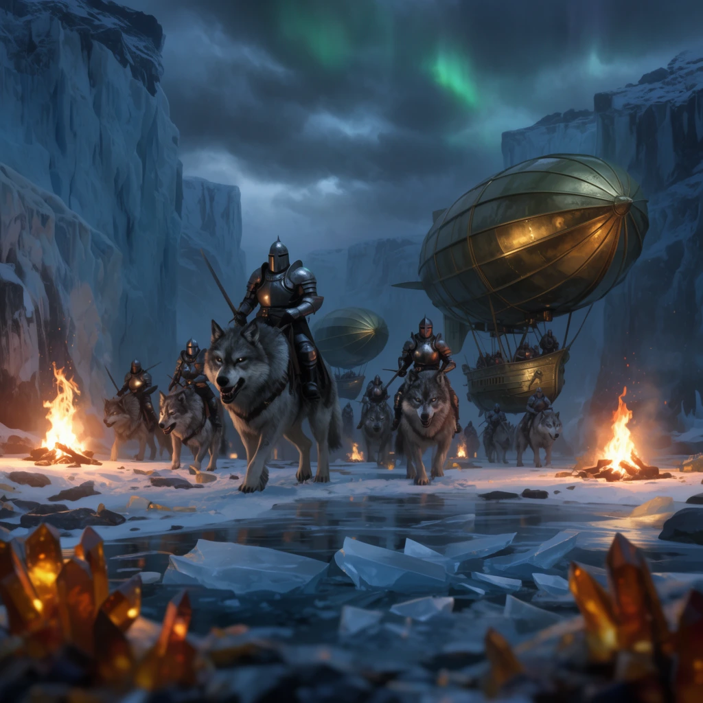 Iron-clad mercenaries on giant wolves disembark from grounded brass airships in a frozen fjord canyon at twilight. Shattered ice and glowing amber crystals fill the blurred foreground. The warband moves along snowy banks illuminated by roaring campfires, casting warm orange light against cool blue shadows of towering ice cliffs under a stormy sky with green auroras, rendered in a moody concept art style.