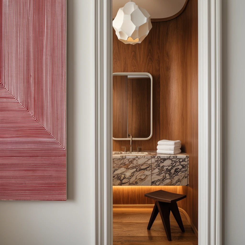 A view through a fluted white doorway reveals a luxurious bathroom wrapped in curved wood paneling. The left foreground wall features abstract art of tightly spaced red and white lines forming concentric right angles. Inside the room, a floating vanity boasts a thick, heavily veined marble countertop accented by a warm under-cabinet glow. Stacked white towels sit beside a metallic faucet below a rounded rectangular mirror. A dark wooden stool with angled legs rests on the oak floor beneath a multi-faceted white pendant light, capturing a serene, high-end architectural composition.