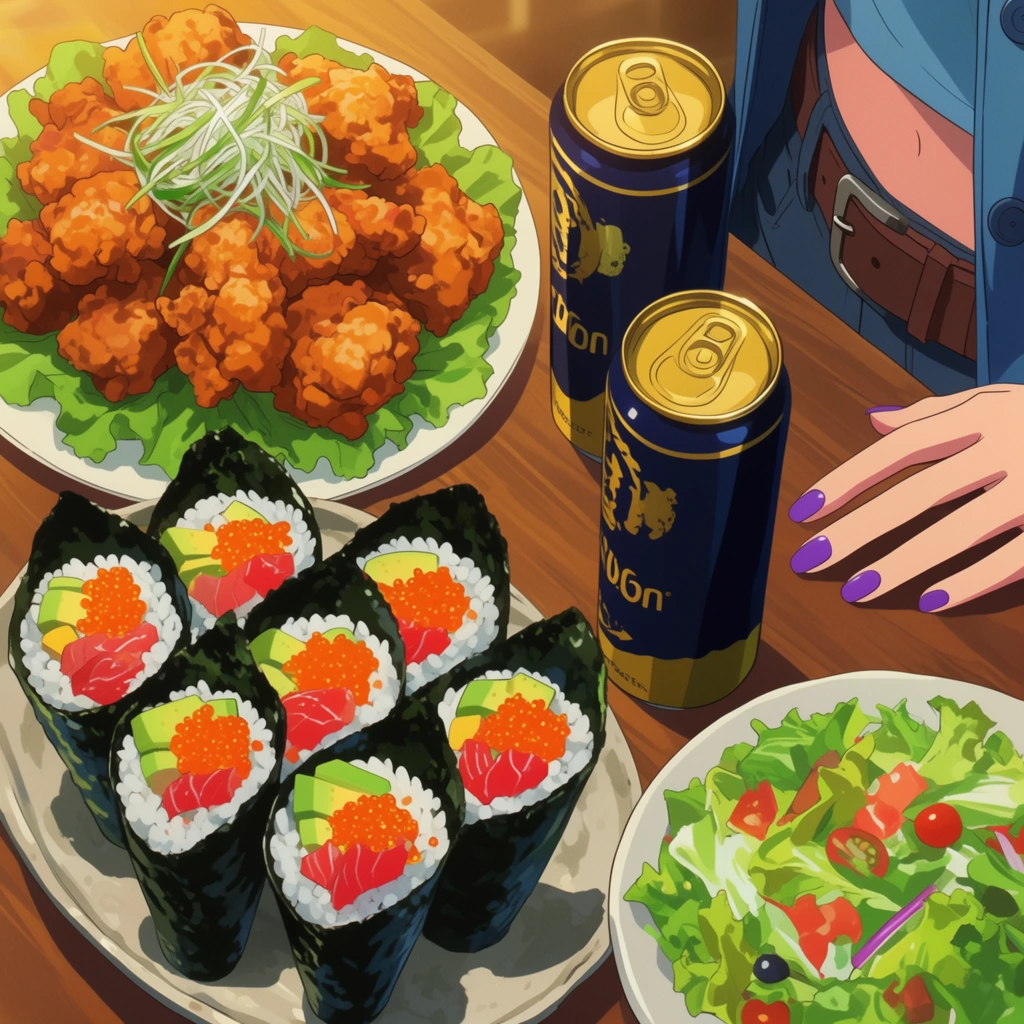 A 2D anime-style overhead view of a vibrant tabletop feast. A white plate holds crispy golden-brown fried chicken on green lettuce, garnished with julienned scallions. Beside it, a platter contains cone-shaped seaweed sushi rolls filled with rice, orange roe, avocado, and red fish. Two tall dark blue and gold aluminum beverage cans sit near a fresh green side salad. The right frame edge reveals a fair-skinned hand with purple nail polish and a midriff wearing a blue jacket and brown belt. Warm, bright lighting emphasizes the detailed cel-shaded illustration.