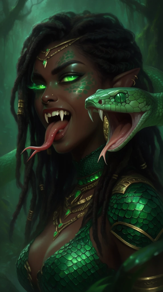 Dark-skinned female fantasy character, glowing green eyes, long dreadlocks, sharp fangs, long forked tongue, green snakeskin armor, gold jewelry, large green snake with open mouth beside her face, murky green forest background, dark fantasy digital painting, cinematic lighting, emerald palette