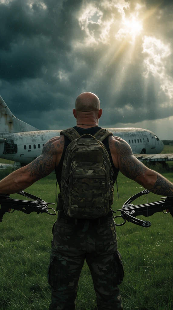 Muscular bald man viewed from behind with outstretched tattooed arms, wearing a camouflage backpack holding a black crossbow. He stands in a green field near a grounded airplane beneath a stormy, sun-pierced sky. Gritty cinematic photography.
