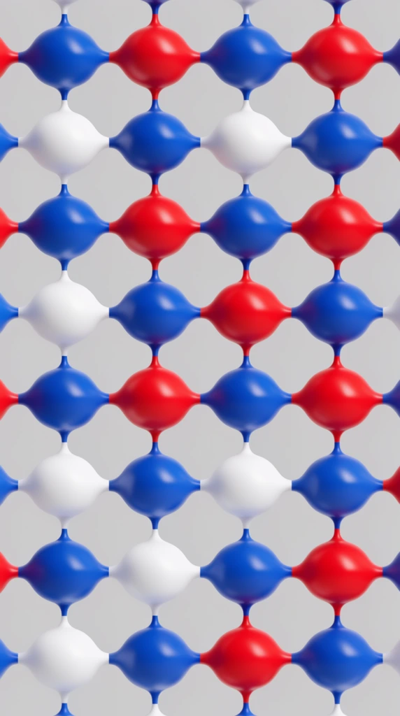 repeating geometric grid of glossy bi-lobed shapes, solid red white and blue colors, pinched capsule forms resembling connected spheres, arranged in alternating rows and columns, floating against a flat neutral light gray background, smooth plastic texture, soft diffused studio lighting creating bright specular highlights, minimalist abstract pattern, pristine 3D rendering