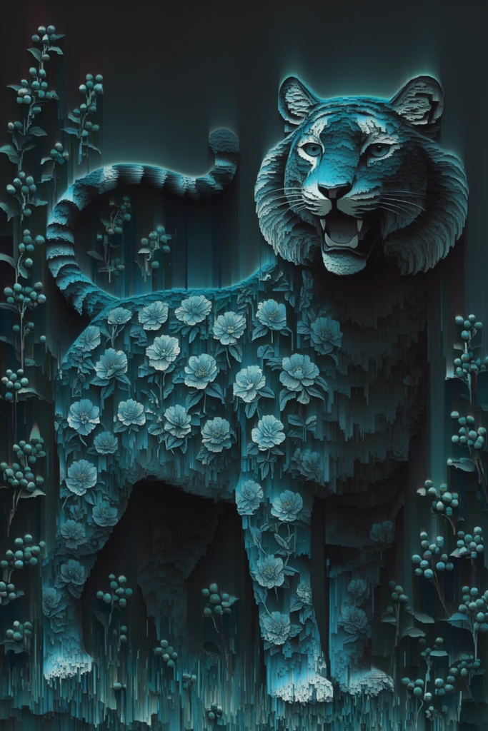 A large feline animal facing right with its head turned toward the viewer is rendered entirely in a striking teal and cyan monochromatic pixel-sorting glitch aesthetic. The feline features an open mouth showing teeth, a scalloped mane around its face, and a striped tail curving upwards over its back. Its body and legs are covered in a pattern of multiple small flowers with leaves, all fragmented and heavily distorted by severe vertical databending and sharp, downward-streaking digital artifacts. Surrounding the central subject along the left and right edges, as well as behind and below, are numerous small plants with rounded berries, their shapes elongated into rigid aquamarine vertical lines. The entire composition utilizes dramatic, high-contrast chiaroscuro lighting, casting stark cyan highlights on the extruded geometric edges against deep, near-black shadows to create a profound atmosphere of digital surrealism in a dark, atmospheric void.