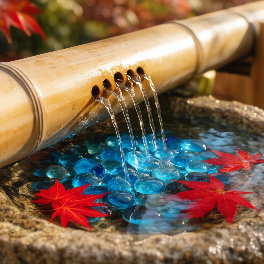 bamboo water fountain pouring thin streams onto bright blue glass stones, thick horizontal bamboo pole, stone basin filled with clear water and submerged vibrant red maple leaves, close-up macro photography, shallow depth of field, warm natural sunlight