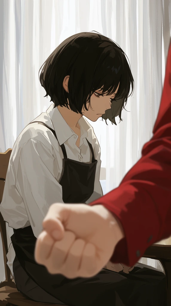 2D anime style, clenched fist in blurred foreground, person in red shirt and dark apron, seated downcast character, short dark hair, white shirt, sheer white curtains, soft daylight