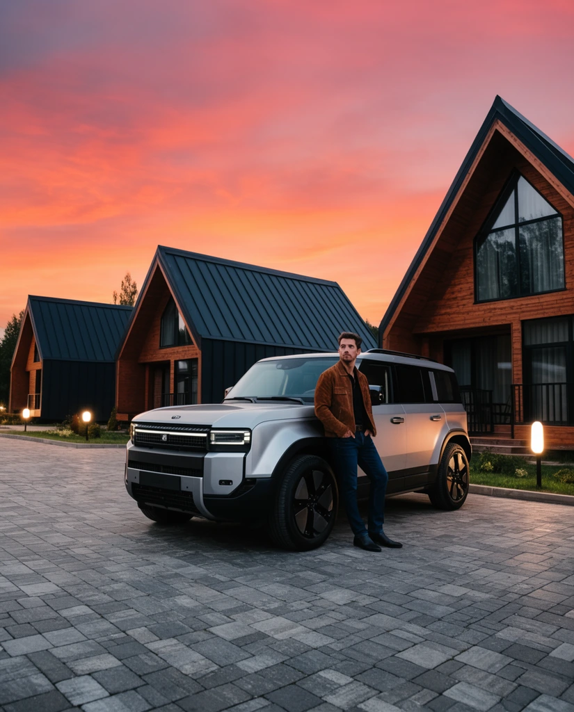 man in a brown suede jacket and dark blue jeans leaning against a modern silver boxy SUV, paved stone driveway, background features A-frame cabins with dark metal siding and warm wood paneling, glowing ground lamps, dramatic sunset sky with vibrant orange and pink gradients, high-end commercial photography, sharp focus, cinematic twilight lighting, wide angle