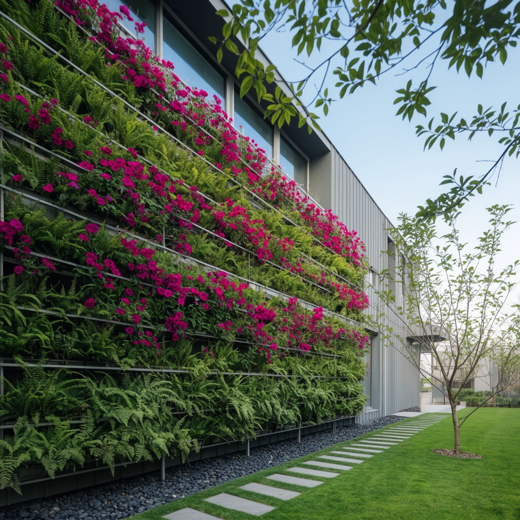 A modern building features a massive vertical living wall densely planted with lush green ferns and vibrant magenta flowers on a multi-tiered metal trellis. The grey structure behind includes large windows and vertical siding. A slender young tree grows on a bright manicured lawn beside a pathway of rectangular stepping stones and a border of dark river rocks. Overhanging leafy branches frame a clear pale blue sky in crisp, natural daylight.