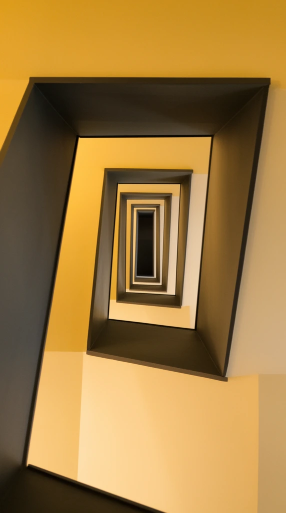 A striking architectural void descends through nested rectangular frames, creating a deep tunnel effect. Warm golden-yellow walls contrast sharply against dark charcoal-grey flat ledges that form skewed, angled borders. Each receding geometric frame is slightly offset, drawing the eye toward a small dark center. Soft, diffused ambient lighting casts smooth gradients across the unadorned beige surfaces, emphasizing the sharp minimalist lines, abstract geometry, and precise concentric perspective of the interior structure.