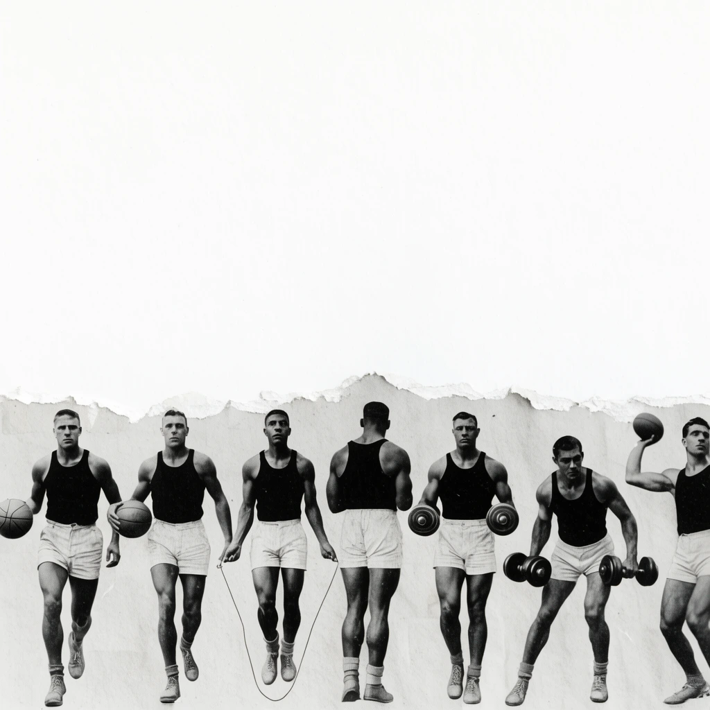 large solid white background, jagged torn paper edge across the lower quarter revealing a high-contrast black-and-white vintage photograph, sequence of muscular athletes in dark tank tops and light shorts, running, holding a basketball, jumping rope, lifting dumbbells, throwing, gritty texture, mixed media collage