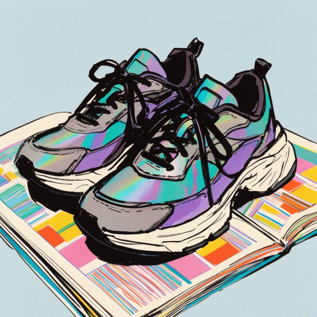 A stylized pop-art illustration of a pair of chunky athletic sneakers resting on an open publication. The shoes feature thick black ink outlines, loose black laces, and iridescent paneling in teal, purple, and grey. The pages beneath them display colorful geometric blocks and abstract linear patterns. The artwork employs a retro comic book aesthetic with visible halftone dot textures across a flat pale blue background. The composition is centrally focused from a slightly elevated angle.