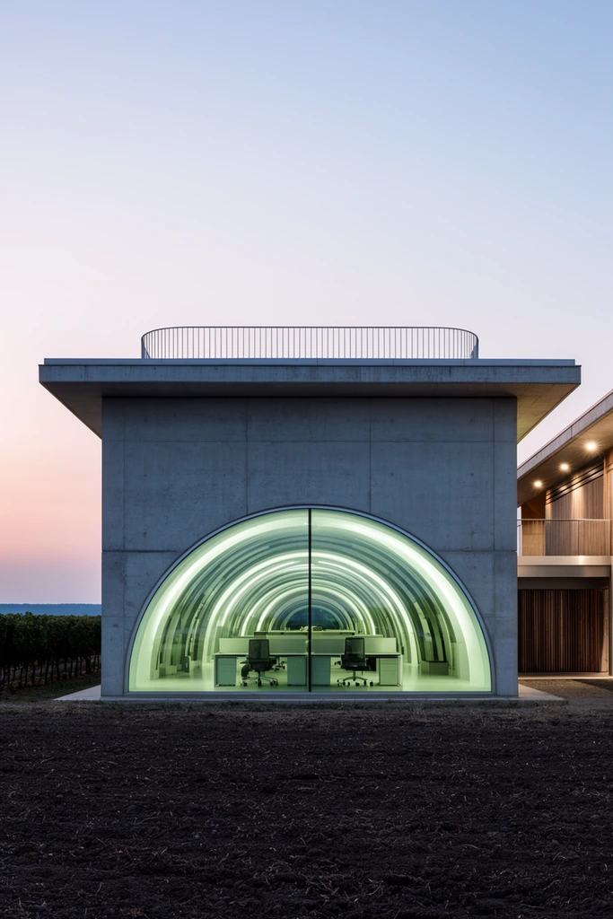 A modern minimalist concrete building stands in a dark tilled earth field at twilight. A massive semi-circular glass window dominates the flat grey facade, revealing a deeply receding tunnel-like interior illuminated by bright greenish-white lights and furnished with modern office desks. A flat overhanging roof features a simple curved metal railing. An adjoining structure on the right displays wooden slats and warm downlighting. Dark vineyards stretch toward the left horizon under a smooth gradient sky of pale pink and soft blue. Symmetrical architectural photography captures the stark geometric contrast between the heavy rectangular concrete block and the luminous arched void.