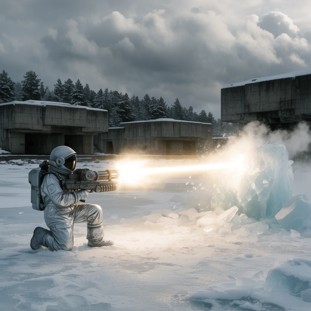 A silver-clad astronaut kneels on a frozen tundra, firing a heavy shoulder-mounted cannon that emits a blinding-white thermal plasma arc. The horizontal beam tears across the frame, striking a glacial ice block that erupts into dense steam and shards. Monolithic brutalist concrete bunkers stretch across the midground horizon, backed by a dark line of snow-dusted pines. Heavy grey cumulus clouds dominate the sky, contrasting the stark landscape with the intense radiant glow of the energy blast.
