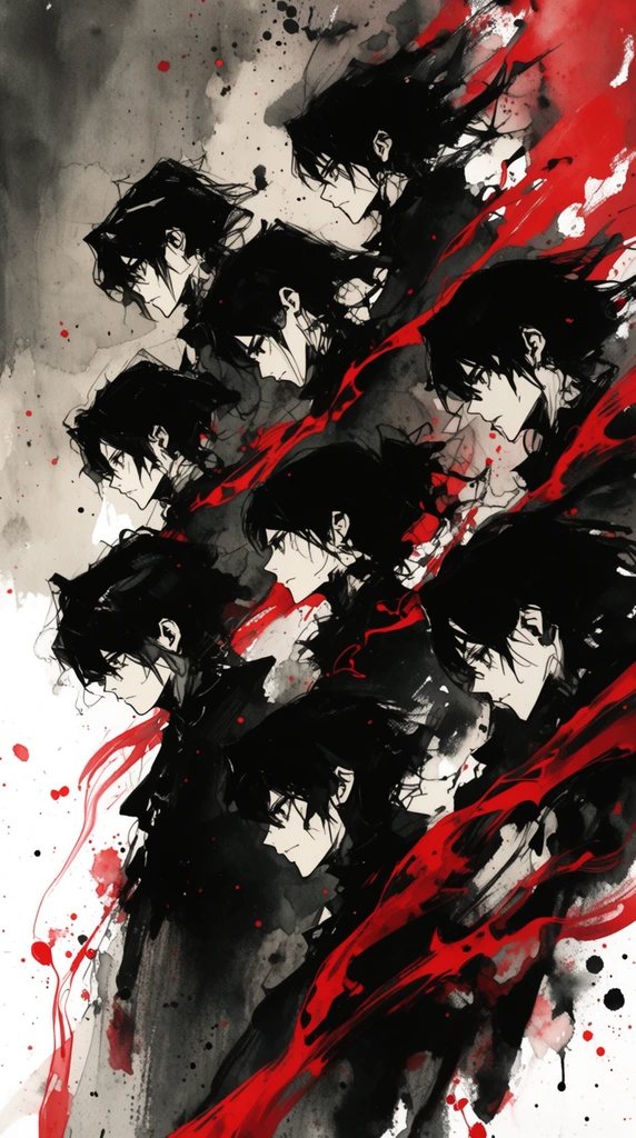 Nine characters shown in alternating front and sharp side view profiles dominate a high-contrast dark fantasy illustration rendered in an aggressive ink and watercolor wash style. The dynamic, overlapping cluster of figures is defined by stark, jagged linework and heavy, pitch-black blocks of ink with wispy, fragmented edges. The intense faces and dramatic, shadowed silhouettes of the subjects emerge from a chaotic, textured background of pale ash grey and stark white ink washes. Abstract, fluid ribbons of vivid blood red weave fiercely through and around the group, violently interrupting the otherwise monochromatic palette. Vibrant red ink splatters and erratic black paint drips scatter across the white negative space, creating a sense of chaotic, kinetic energy. The aesthetic utilizes rough dry-brush strokes blended with smooth, sweeping calligraphic lines, characteristic of edgy gothic manga art. Extreme lighting contrast obliterates fine details within the deep charcoal shadows, emphasizing bold, flat black shapes and sharp, angular character designs against the gritty, textured canvas.