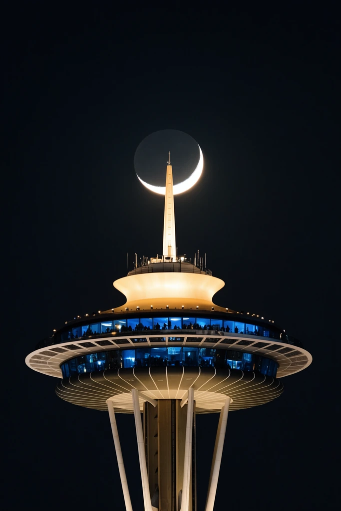 A glowing, saucer-shaped observation tower, lit from within, is silhouetted against a dark night sky. A bright crescent moon hangs low, directly behind a slender spire at the tower's peak, creating a dramatic alignment. The tower features a multi-level circular structure supported by curved white legs, with blue-lit windows revealing tiny silhouettes of people inside.