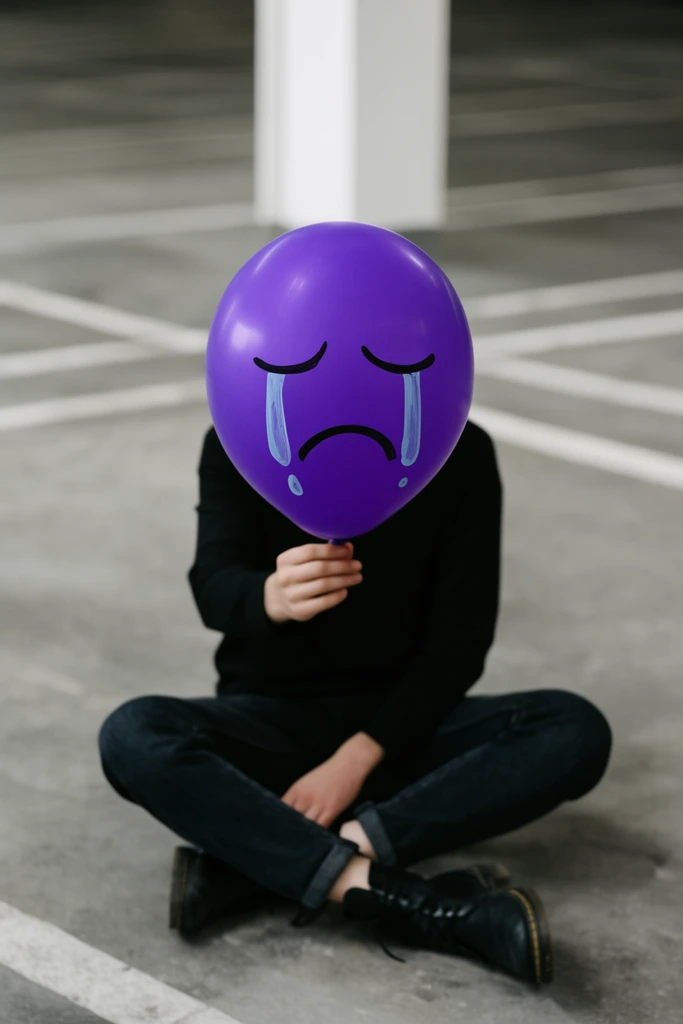 A vivid purple balloon bearing a hand-drawn crying face obscures the head of a seated person. The sharp-focus balloon contrasts with the blurred figure wearing a black shirt, dark jeans, and black boots. They sit on a grey concrete floor marked with white lines, holding the balloon by its base. A white pillar stands in the minimalist, muted background, creating a high-contrast cinematic composition.