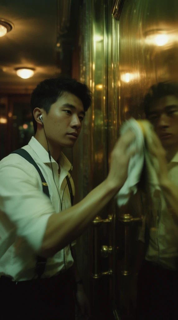 young Asian man polishing a brass door with a white cloth, white collared shirt, dark suspenders, wired earphones, clear reflection in the golden surface, dimly lit interior background, warm ceiling lights, cinematic photography, heavy green and gold color grading, moody atmosphere, shallow depth of field, slight motion blur, anamorphic framing