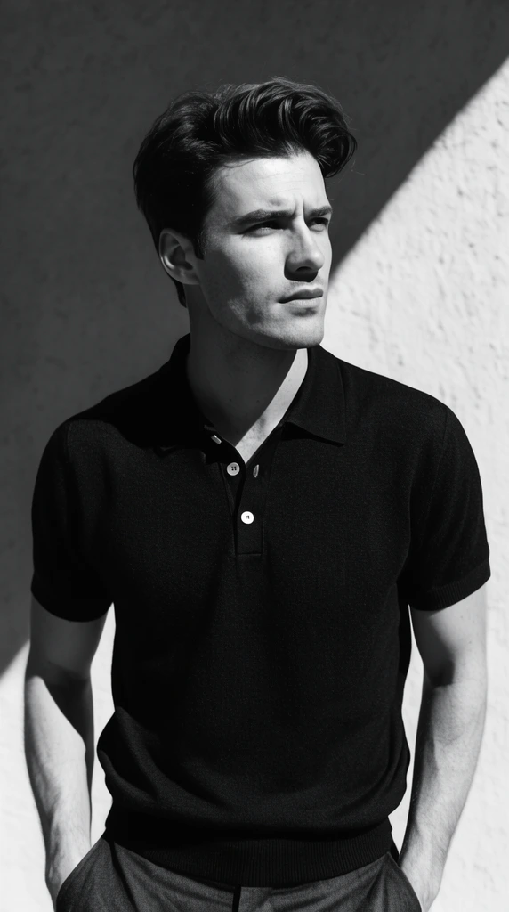 A high-contrast black-and-white portrait of a man with styled dark hair gazing off-camera. He wears a dark, buttoned short-sleeved polo shirt and stands with hands in his pockets. Harsh sunlight casts a sharp diagonal shadow across the textured wall behind him.