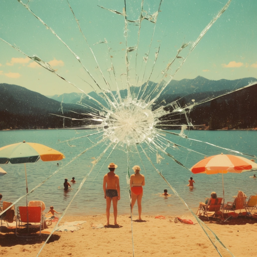 A shattered glass pane overlays a vintage beach scene with radial cracks distorting a peaceful landscape. Spiderweb fractures spread from a central impact point over a sandy shore where two figures face a calm lake. Swimmers and colorful umbrellas dot the water's edge beneath a hazy cyan sky and distant dark mountains. Rendered with a retro film aesthetic and faded teal and orange tones, the sharp foreground glass splinters vividly contrast against the serene sunlit holiday environment.