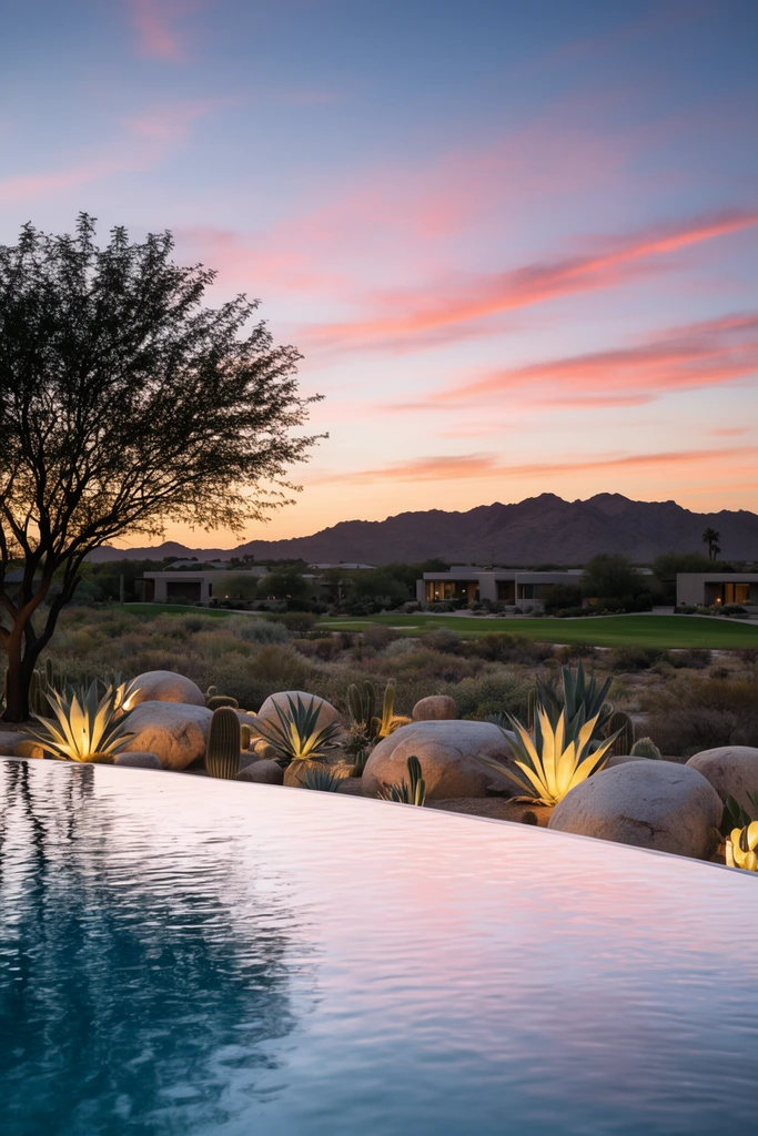 A serene infinity pool's rippling water reflects a twilight sky streaked with pink and orange clouds. Beyond the vanishing edge, a landscaped desert garden features smooth boulders, cacti, and glowing agave plants illuminated by warm uplighting. A large silhouetted tree frames the left. Low-profile modern homes sit among arid scrub and green lawns in the midground, backed by a dark, rugged mountain range along the horizon. Wide-angle architectural photography captures this tranquil sunset scene with deep depth of field.