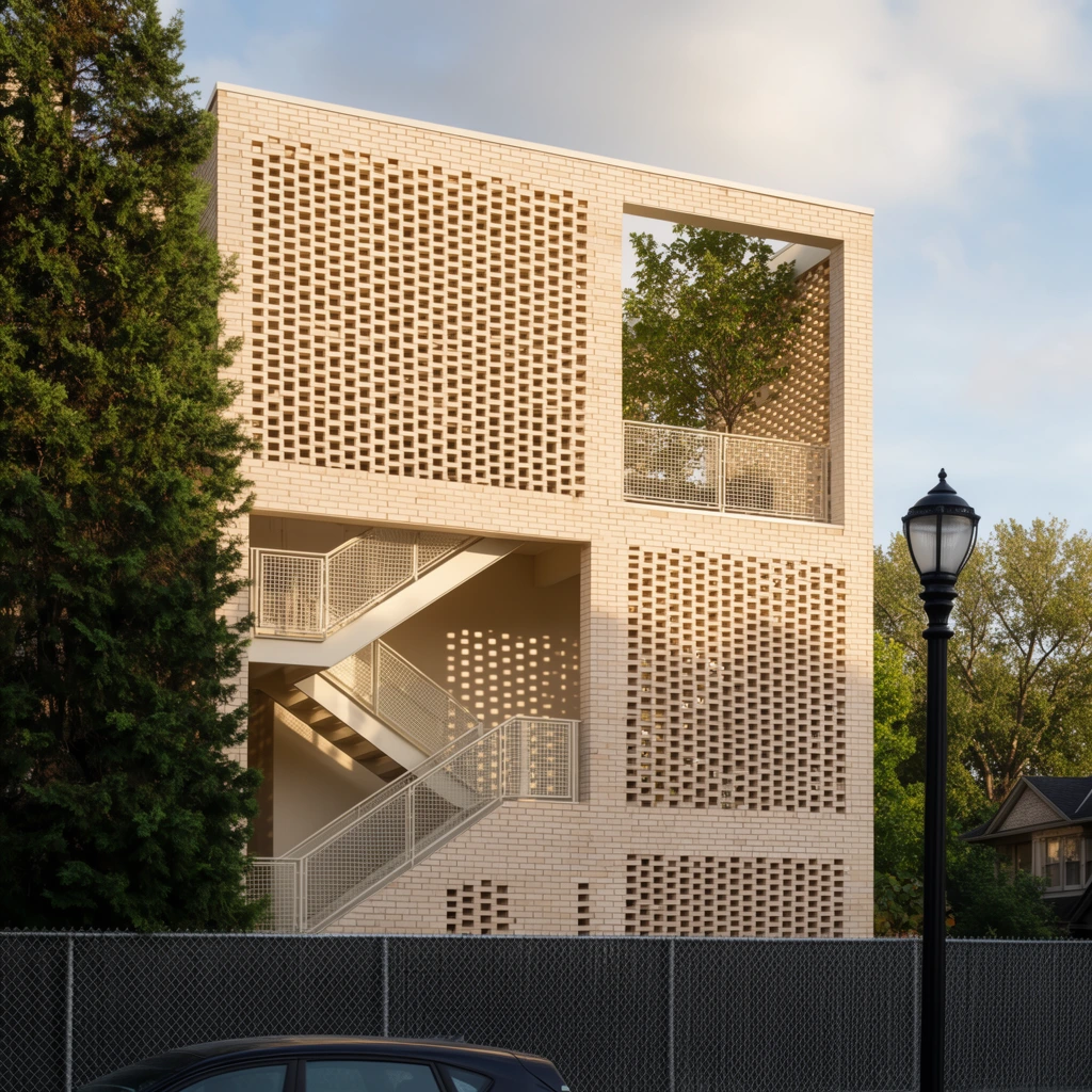 A modern multi-story building constructed from pale beige bricks features expansive sections of perforated lattice patterns illuminated by warm late-afternoon sunlight. The geometric facade is defined by sharp rectangular cutouts, including an upper open-air terrace enclosing a green tree and a mid-level recess exposing a zigzagging white metal staircase with mesh railings. The hit-and-miss masonry casts rhythmic grid shadows across the interior walls. A tall, dense evergreen tree partially obscures the left side of the structure. In the foreground, a dark gray chain-link fence runs horizontally above the dark roof of a parked car. To the right stands a classic black cast-iron streetlamp, contrasting with the contemporary architecture against a backdrop of deciduous trees and a neighboring house. The sharp architectural photography captures the textural interplay between the rigid porous brickwork and organic foliage under a pale blue sky with soft white clouds.