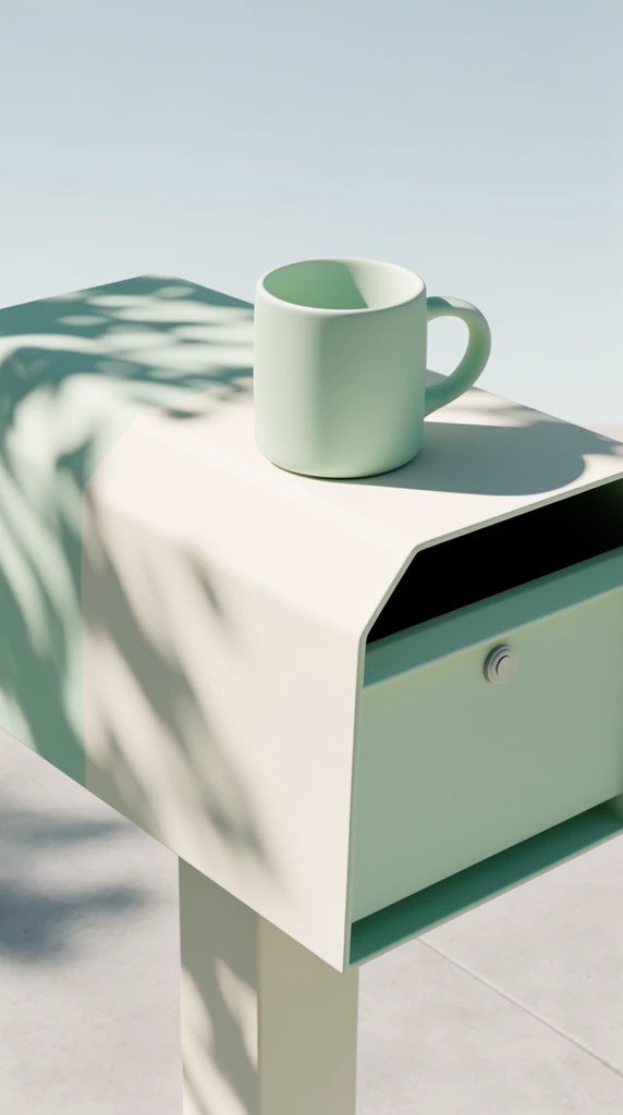 A single matte ceramic mug rests squarely on the flat top of a clean, geometric mailbox. The scene is executed in a pristine, photorealistic 3D architectural visualization style, defined by a minimalist color-blocked palette of soft pastel mint green and creamy off-white applied directly to the objects. Crisp, highly directional sunlight illuminates the composition, casting sharp, prominent dappled foliage shadows diagonally across the perfectly smooth surfaces of the mailbox and mug. The rigid, exactingly straight geometric lines of the mailbox structure contrast with the smooth cylindrical form of the mug, all situated on a flat, pale grey concrete plane. The background consists of a smooth, clear pale blue sky. The stark lighting creates absolute, pure black tones within the deepest shadows, emphasizing a tranquil, surreal, and ultra-clean liminal aesthetic characterized by flawless matte textures and high-contrast, sun-drenched global illumination.