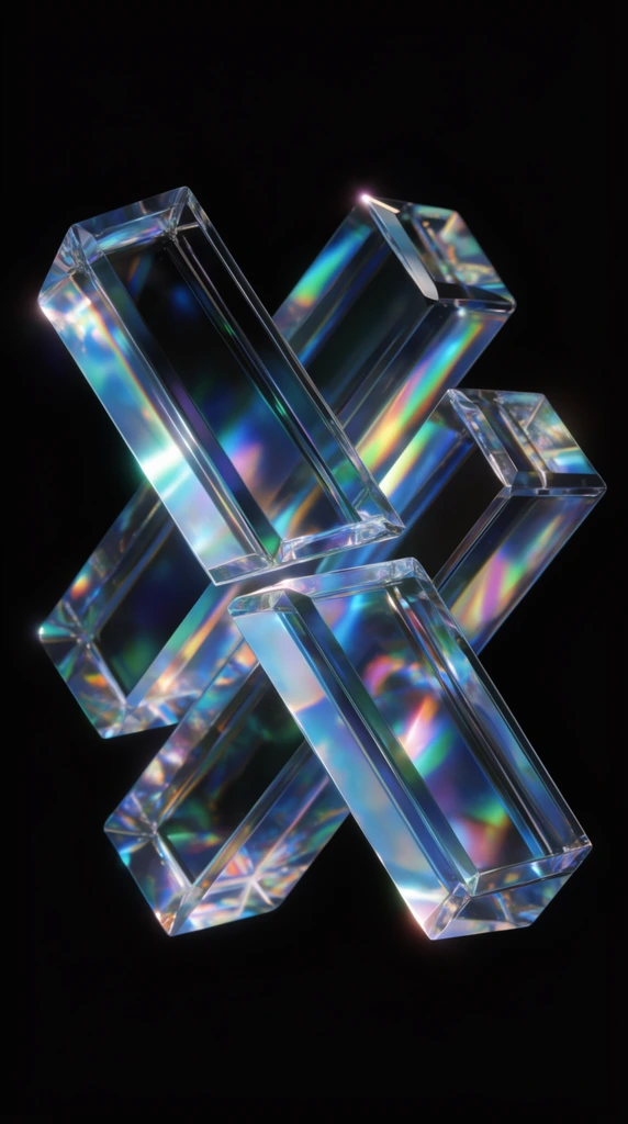 An abstract 3D structure of three thick, diagonally parallel rectangular glass prisms floating in a pitch-black void, with the central prism split into offset segments. The flawless refractive crystal features sharp beveled edges catching intense iridescent light to create holographic chromatic dispersion. Vivid internal reflections of cyan, magenta, neon green, and electric blue glow brightly throughout the transparent geometric shapes, emphasizing complex optical refractions and futuristic aesthetics.