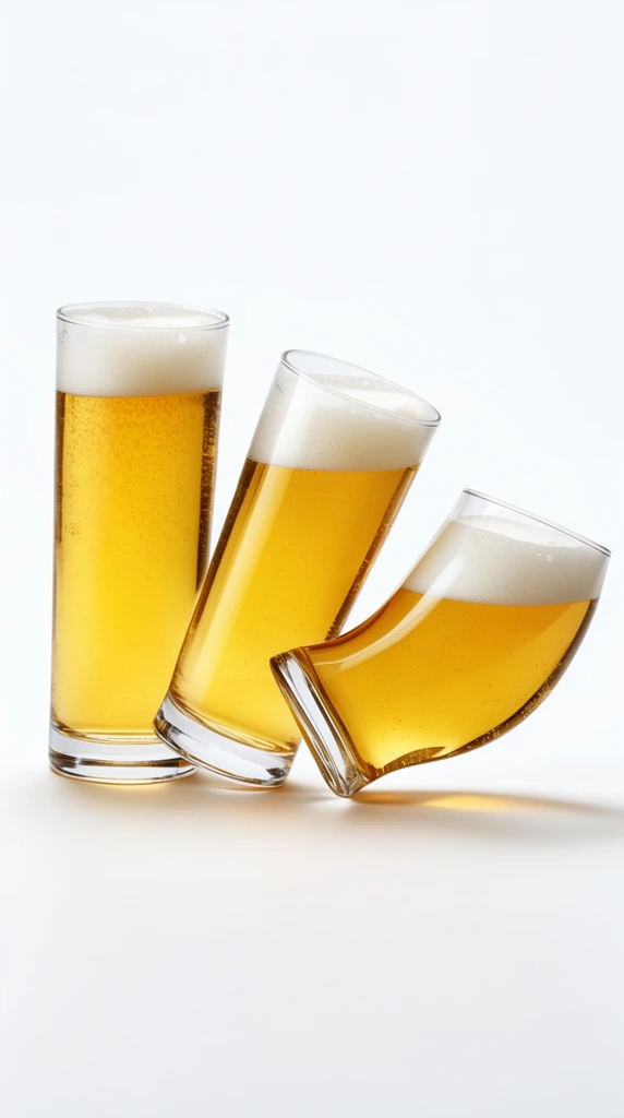 Three clear glasses of golden beer and white foam float against a pure white background, tilting progressively rightward from a tall cylinder to a deeply curved horizontal shape. Soft shadows rest beneath the glasses in this bright, minimalist high-speed product photography.