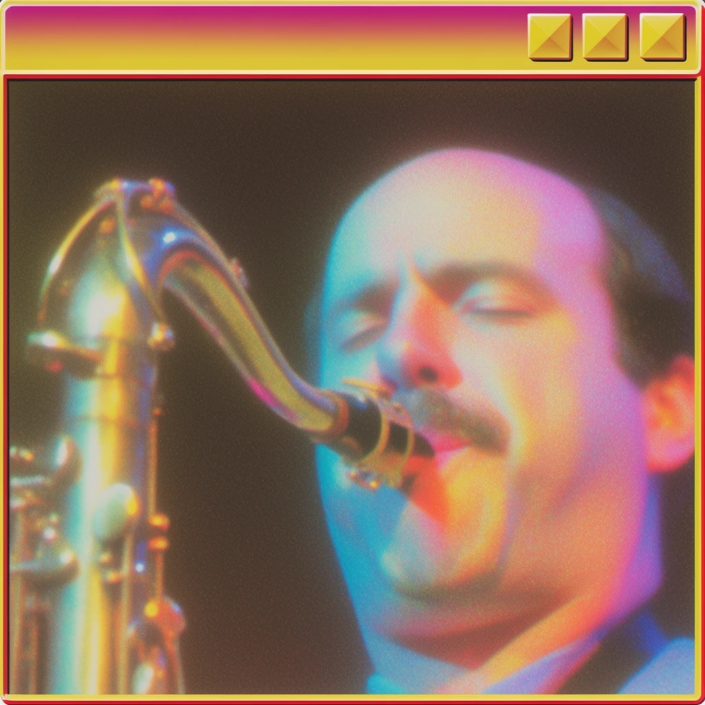 A close-up of a balding man with a mustache playing a saxophone, his eyes closed and his mouth pressed firmly against the instrument's mouthpiece. The man and the curved brass instrument are set against a dark, heavily defocused background. The entire composition is enclosed within a vintage graphical user interface window frame, defined by a top horizontal bar displaying a smooth, vibrant yellow-to-magenta gradient and three 3D-beveled, pyramid-shaped yellow square buttons aligned on the far right. A thin red and yellow border outlines the central image area. The visual execution replicates 1980s airbrushed digital art, dominated by a pronounced layer of heavy grain and pixelated texture. The lighting casts surreal, iridescent gradients of luminous cyan, hot pink, and neon yellow across the man's facial features and the metallic surface of the saxophone. The rendering features soft, diffuse edges and a glowing halation effect, creating a vibrant, luminescent vaporwave aesthetic.