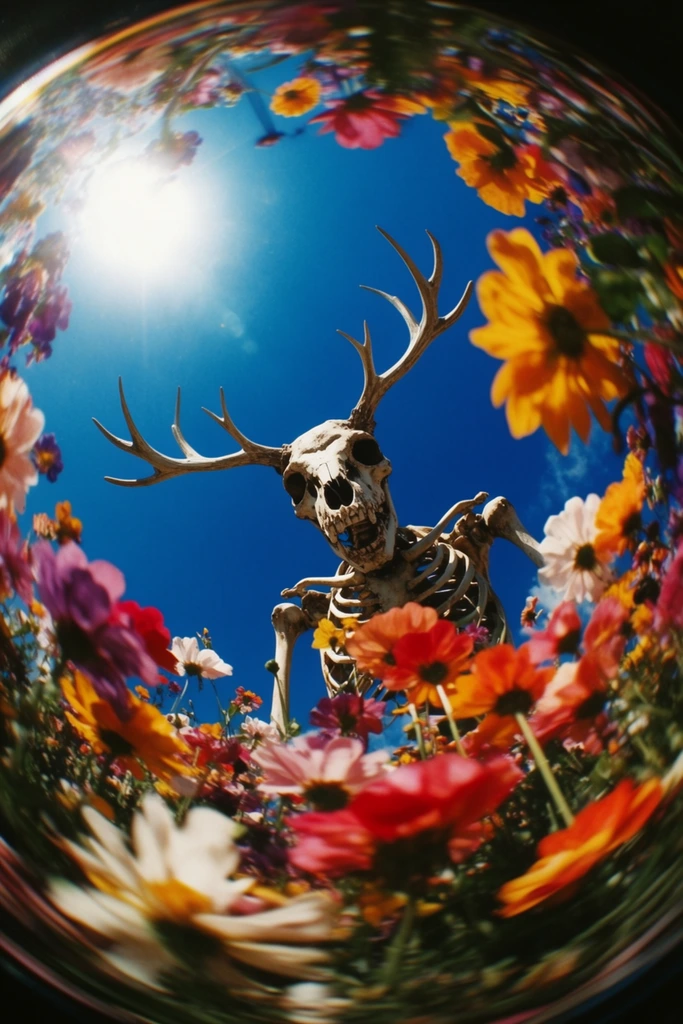 A towering skull-like creature with branching antlers looms directly over the camera, captured from an extreme low-angle worm's-eye perspective with a heavy fisheye lens. The creature's stark bone structure and sprawling antlers reach upward into a hyper-saturated, vivid blue sky, illuminated by an intensely bright, blown-out sun flaring in the upper left. Curling tightly around the camera lens to form a heavily distorted, spherical framing border is a dense cluster of vibrantly colored flowers, their stems and petals warped by the extreme optical curvature to create a tunnel-like vignette. Harsh, direct sunlight creates sharp, high-contrast shadows and blinding highlights across the scene. The visual aesthetic features exaggerated color saturation, a striking juxtaposition of the brilliant floral foreground against the deep blue sky, and a sharp central focus that degrades into intense spherical distortion and optical blurring at the extreme circular edges of the frame.