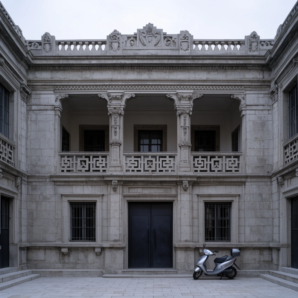 A symmetrical grey stone neoclassical building centers a paved courtyard under diffused daylight. The facade features large dark double doors, a recessed second-story loggia with carved pillars and geometric balustrades, and an ornate roof parapet. A silver scooter is parked near the ground-floor entrance.