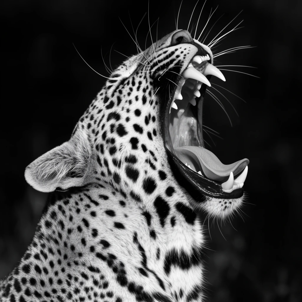 A high-contrast black and white close-up of a leopard with its head tilted sharply upward, jaws gaping wide in a massive yawn. Bright lighting highlights the intricate rosette patterns on its thick neck, sharp canine teeth, textured tongue, and fanning whiskers. The tight profile isolates the big cat against a pitch-black background, emphasizing the striking texture of its spotted fur.