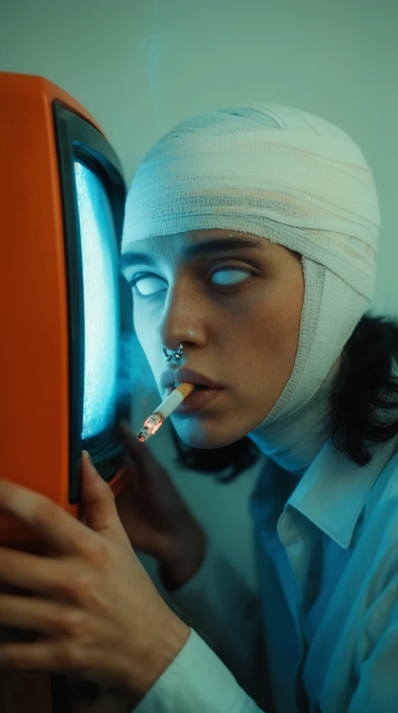 close-up portrait of a person with head wrapped in white medical bandages, opaque white eyes, silver septum piercing, smoking a lit cigarette, leaning intensely close to a vintage orange CRT television, hands gripping the casing, face vividly illuminated by a bright glowing cyan screen, pale blue collared shirt, dark hair peeking out, cinematic teal and orange color grading, surreal atmosphere