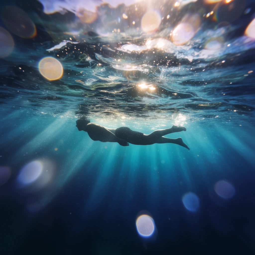 An underwater perspective of a silhouetted swimmer gliding horizontally just beneath a rippling, light-refracting surface. Radiant sunlight pierces the water, casting intense divergent rays into the deep blue depths. Floating particulates catch the bright illumination, framed by prominent out-of-focus circular lens flares in the foreground. The composition features a rich color gradient from bright teal near the chaotic surface down to a dark, moody indigo abyss.