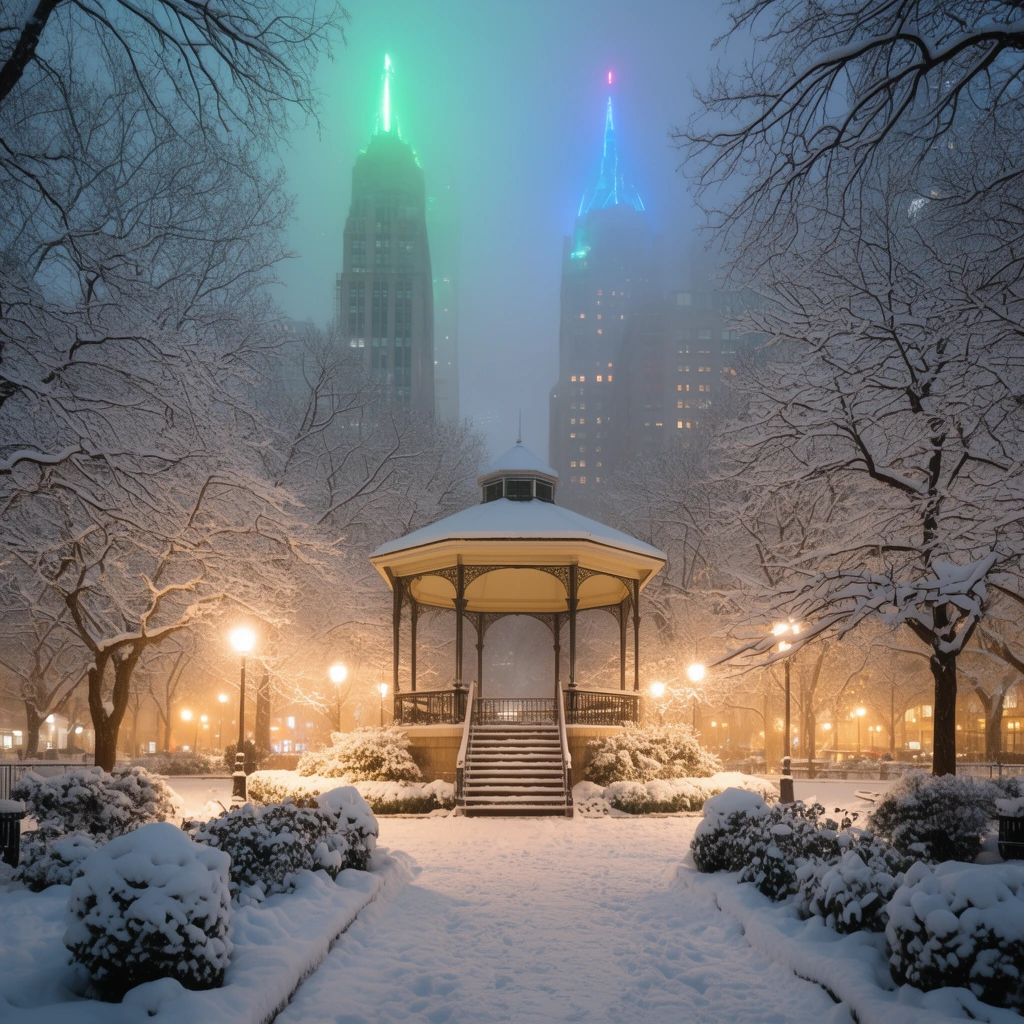 snow-covered urban park at dusk, thick snow on bare trees and bushes, central gazebo, warm glowing streetlamps, towering skyscrapers with neon green and blue spires in a hazy misty background, atmospheric winter photography