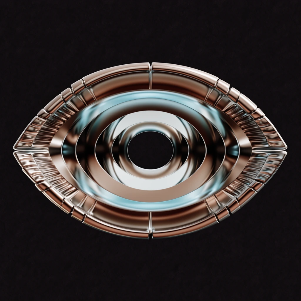 abstract 3D metallic eye structure, concentric oval rings forming a deep optical tunnel, segmented outer ridges with ribbed textures, smooth glossy inner bands, bronze and silver tones, icy cyan reflections, dark central void, symmetrical, high contrast, solid dark textured background