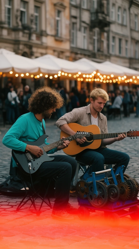 Two street musicians play guitars on a cobblestone plaza beside a gear-loaded blue cart. A curly-haired man in teal plays an electric guitar alongside a blond man with an acoustic. A vibrant red-orange light leak sweeps the bottom foreground, while the softly blurred background reveals onlookers, cafe umbrellas, and historic buildings under warm evening string lights.
