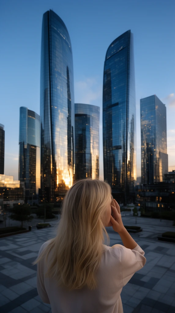 Blonde woman seen from behind gazing at a modern cityscape at dusk. She wears a pale top, hand near her face. Sleek glass skyscrapers reflect a golden sunset against a blue sky, towering above a geometric urban plaza.
