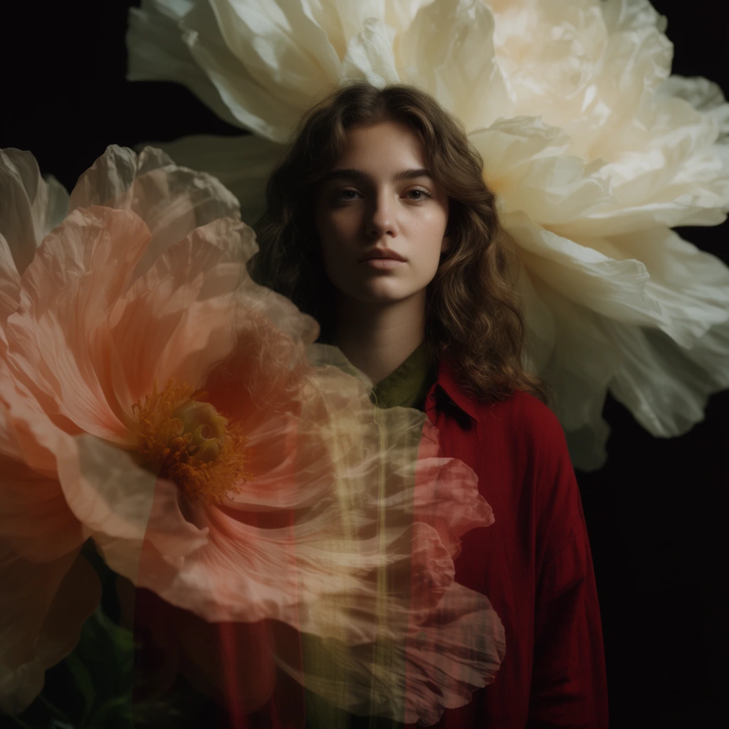 A surreal portrait of a young woman entwined with massive, translucent blossoms against a pitch-black background. She has wavy brown hair and wears a deep red shirt over olive green. A giant semi-transparent peach flower dominates the left foreground, its crinkled petals partially obscuring her torso in a dreamlike double-exposure effect. An enormous creamy white blossom rests behind her head, framing her face. The composition features moody chiaroscuro lighting, contrasting rich hues with deep shadows for an ethereal editorial aesthetic.